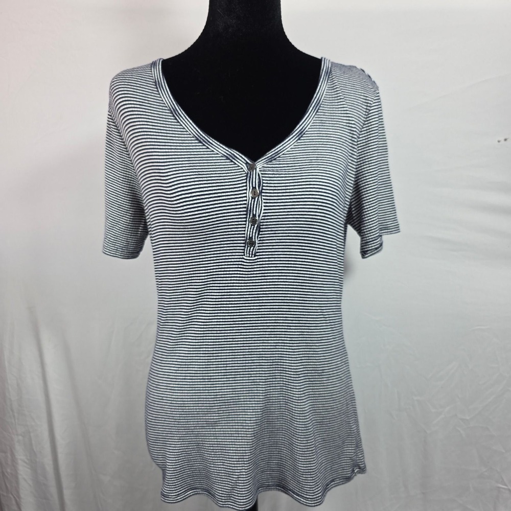 Gemma & Olivia Womens Medium Blue White Striped Ribbed Henley Short Sleeve Top